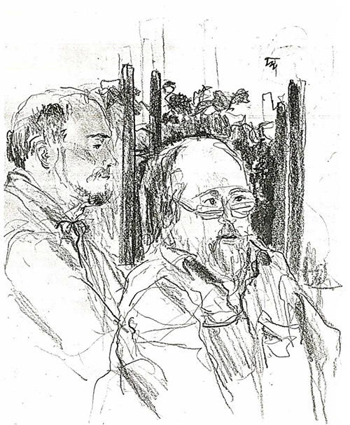 Pencil drawing of Thomas Peck (right) with Michael Cullen by unknown artist