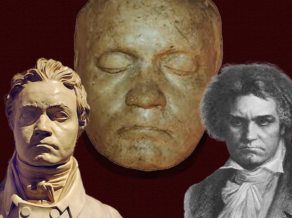 Beethoven's life mask shown alongside art that it inspired