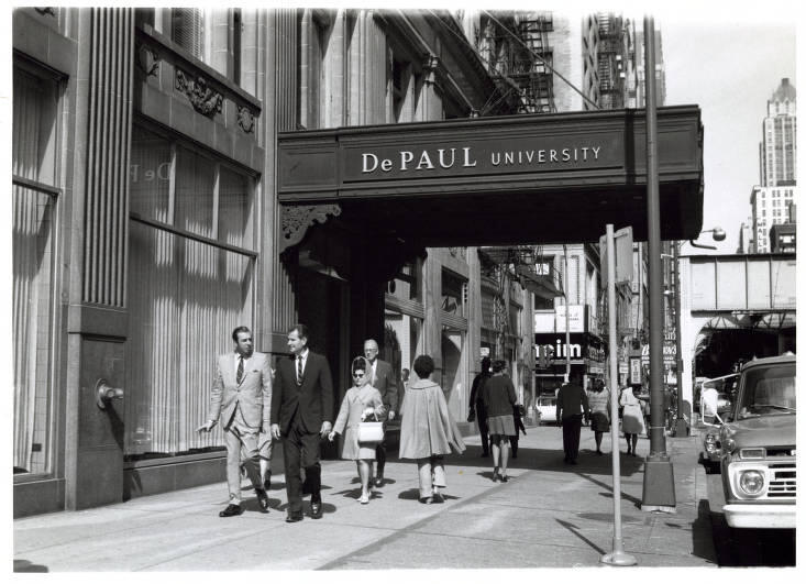 DePaul University's Frank J. Lewis Center on Wabash pictured ca. 1960 was the one-time home of the DePaul University School of Music. Today it houses the DePaul College of Law.